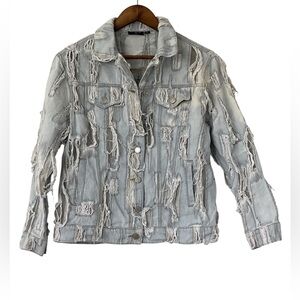 Women's Light Blue Destroyed Thrashed grunge trucker button up Denim Jacket‎ S